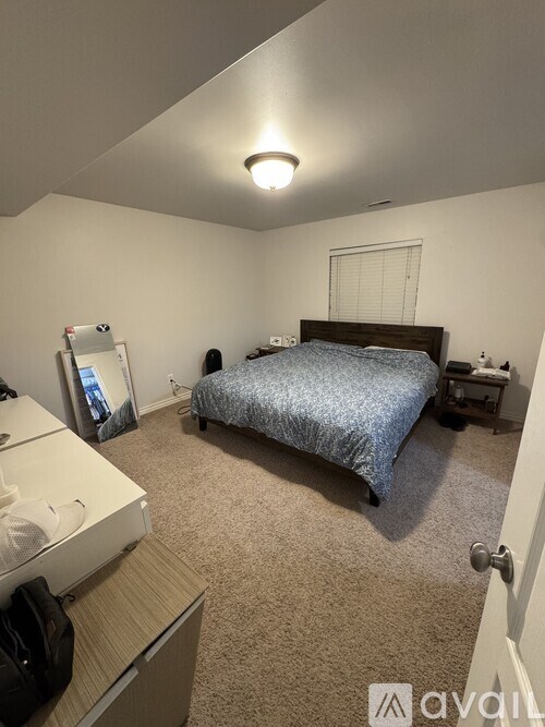A bedroom with a bed, dresser, and mirror.