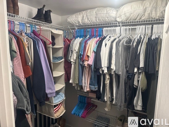 A white closet with clothes hanging on hangers.