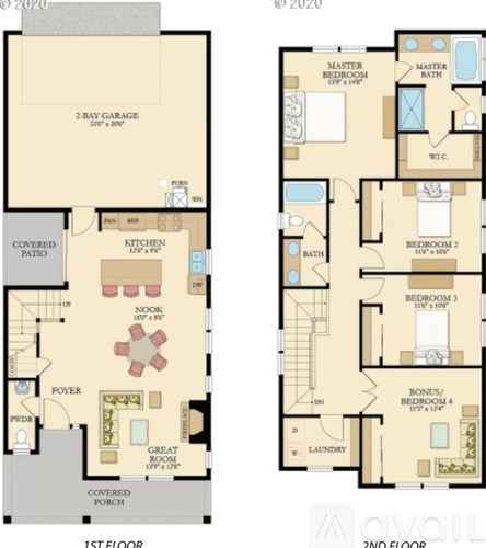 A floor plan shows a two-story home with a garage, a covered patio, a foyer, a great room, a kitchen, a dining room, and four bedrooms.