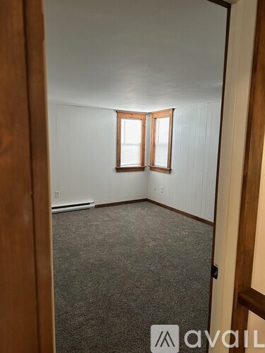 A room with a carpeted floor and a window with two panes of glass.