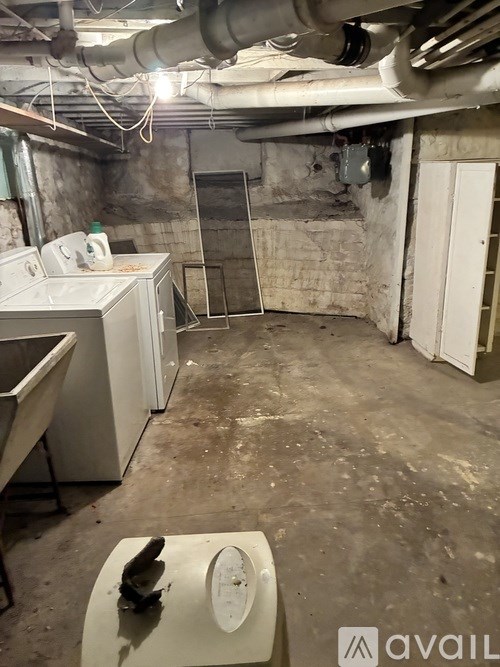 A dirty basement with a washer and dryer.