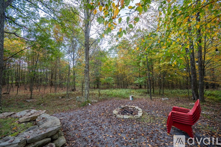 A red chair sits in a forest clearing with a fire pit in the middle.