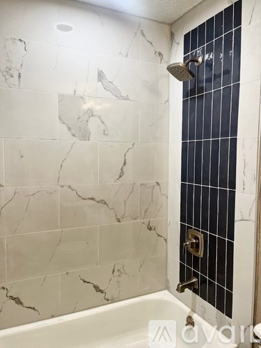 A white and gold bathroom with a black tile shower.