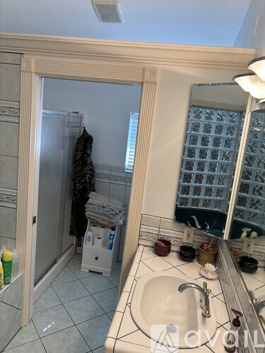 A bathroom with a sink, mirror, and a shower.