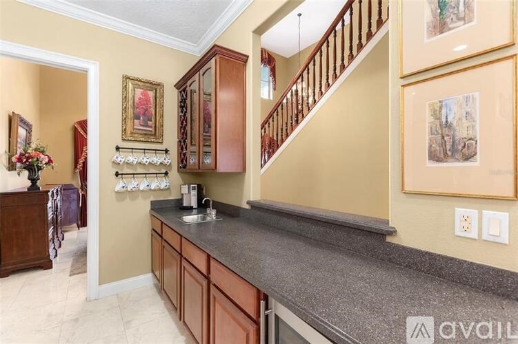 A kitchen with a countertop and cabinets.
