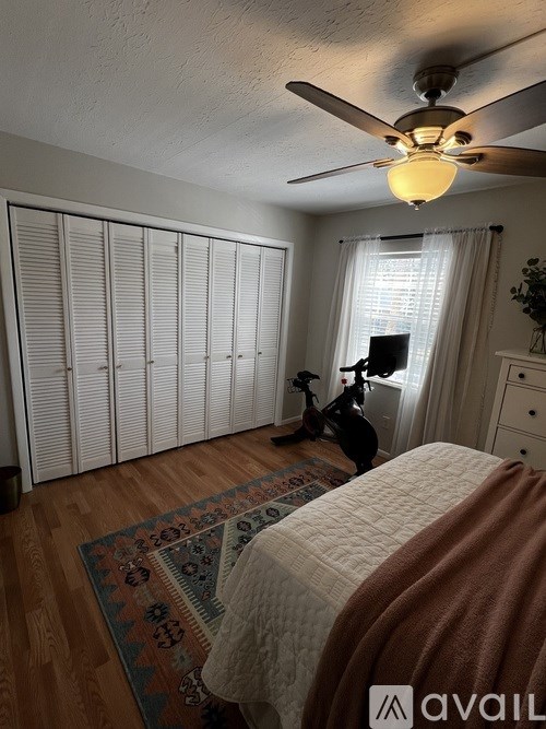 A bedroom with a bed, a fan, and a rug.