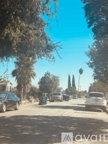 A street with cars and trees on both sides.