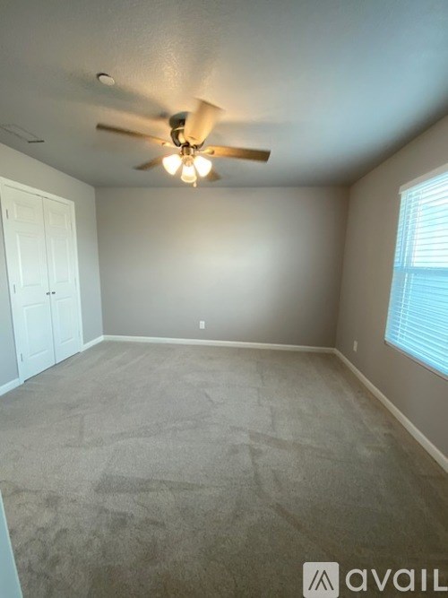 A room with a ceiling fan and carpeted floor.