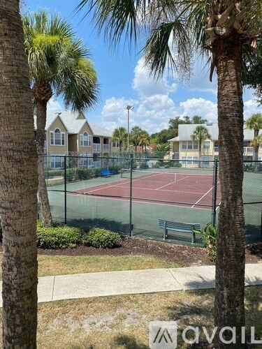 A tennis court is surrounded by palm trees and a fence.