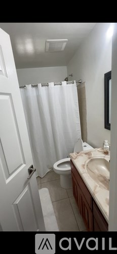 A bathroom with a toilet, sink, and shower curtain.