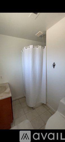A bathroom with a white shower curtain and a white toilet.