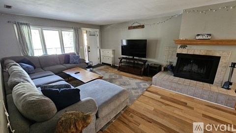 A dog is sitting on a grey couch in a living room with a fireplace and a television.