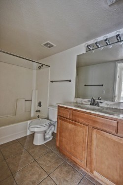 A bathroom with a toilet, sink, and mirror.