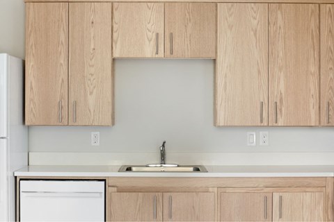 A kitchen with wooden cabinets and a white dishwasher.