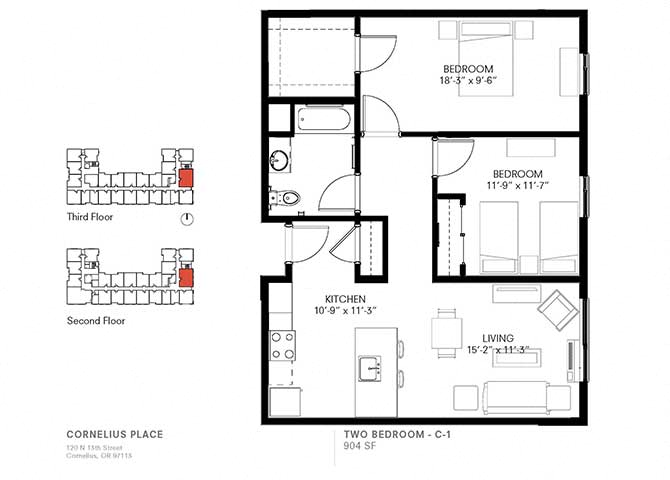 2 Bedroom 1 Bath Plan C1