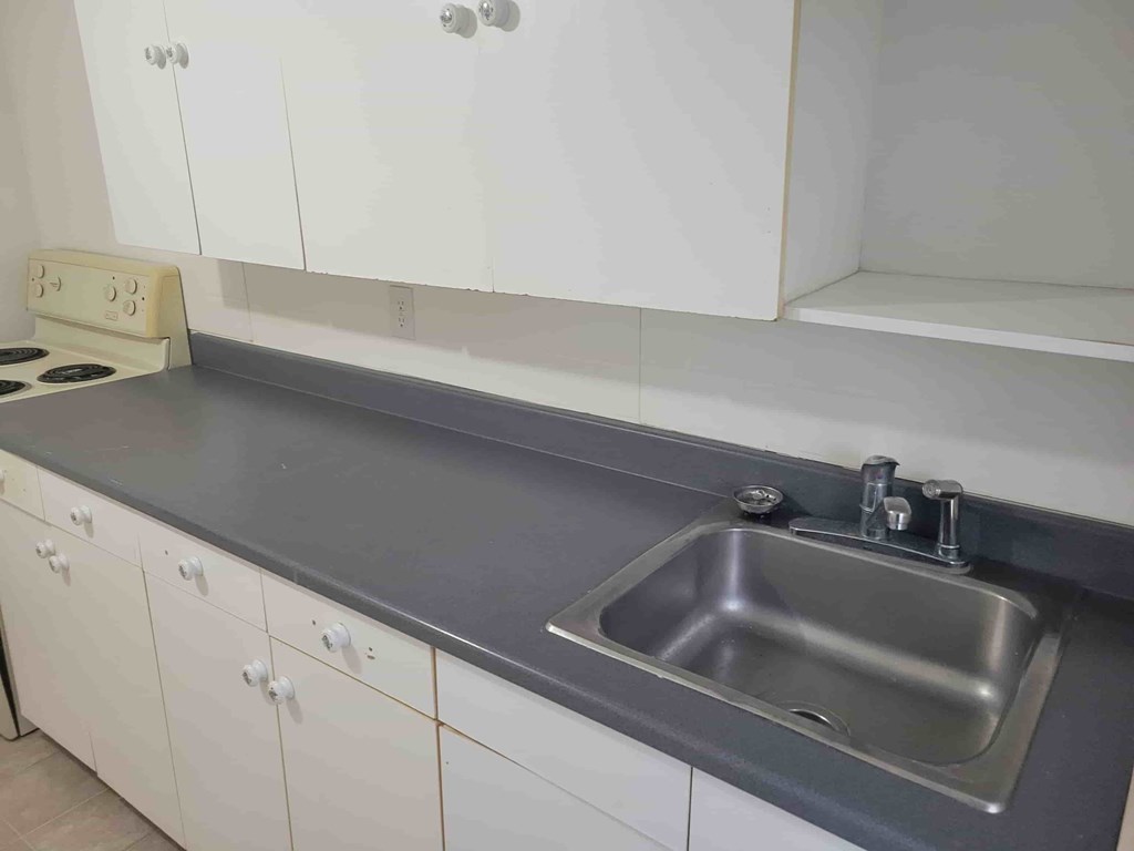A kitchen with a sink and a stove top.