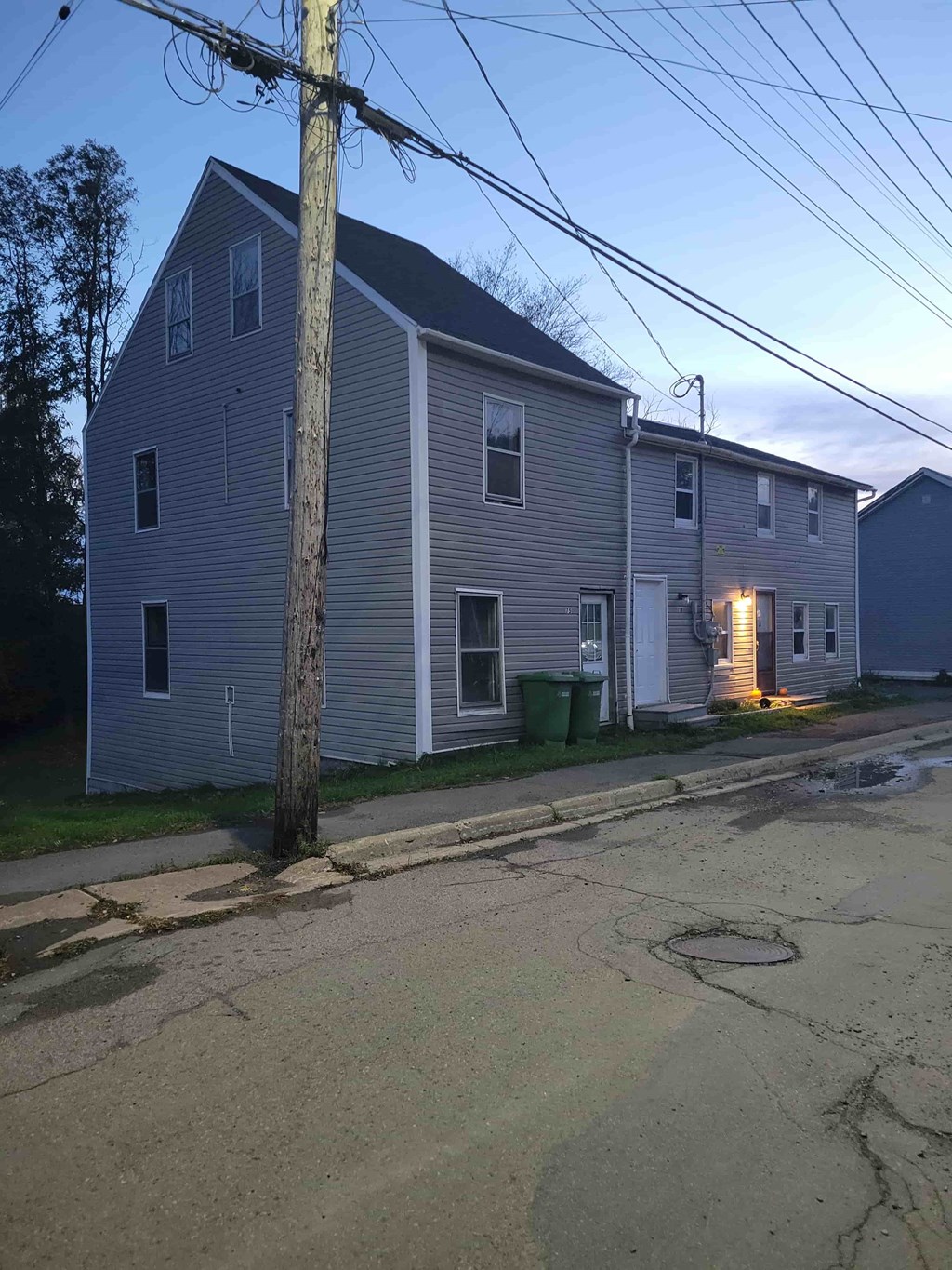 A residential street with houses and a power pole.