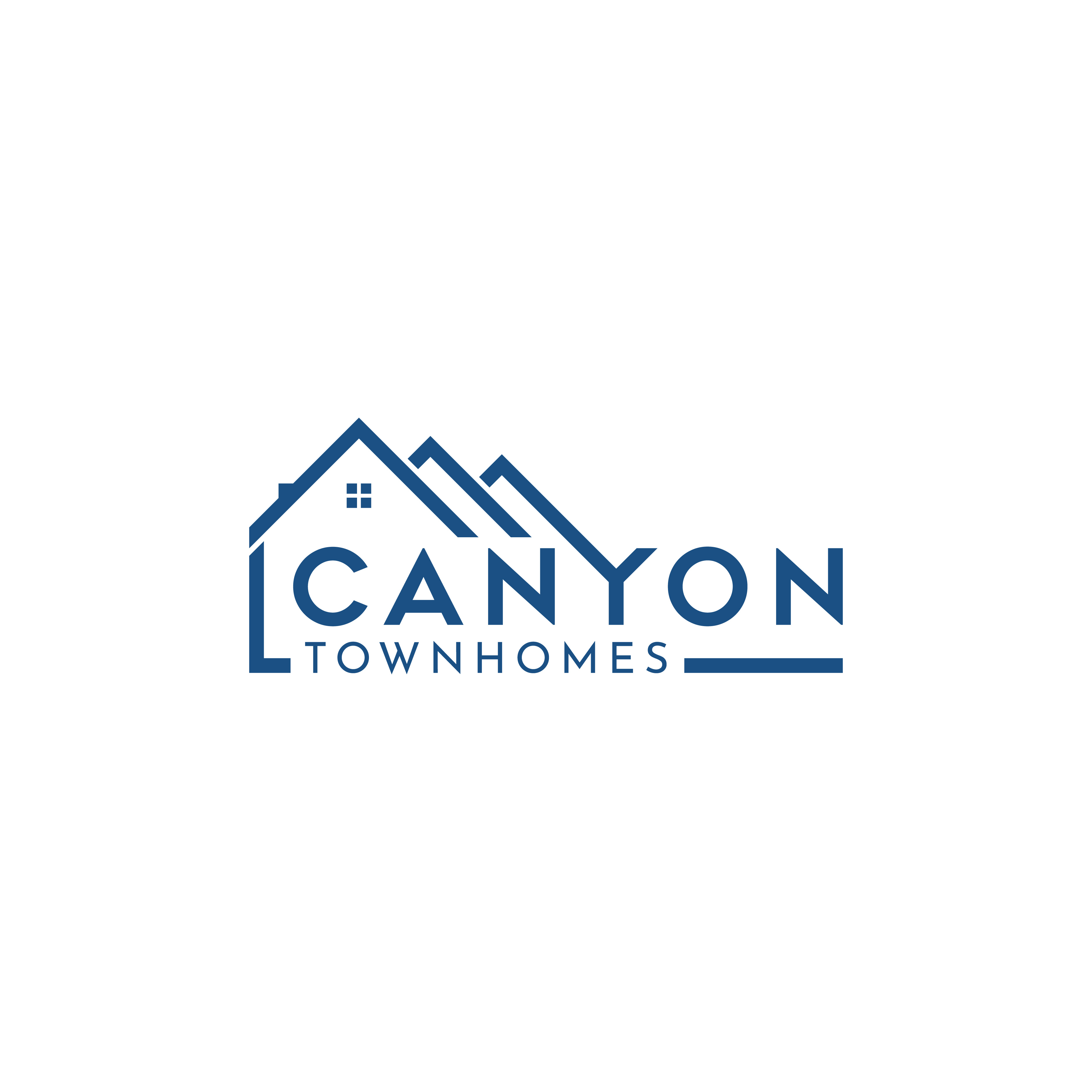 Canyon Townhomes logo with blue house and mountain design representing modern residential living.