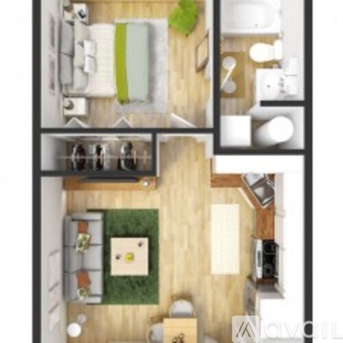 A top-down view of a kitchen with a dining area.