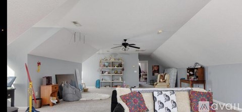 A living room with a couch and a ceiling fan.
