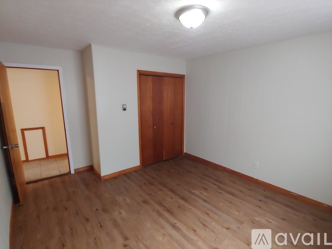 A room with a wooden floor and a brown door.