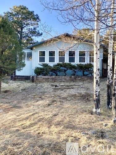 A white house with a thatched roof is surrounded by trees and shrubs.