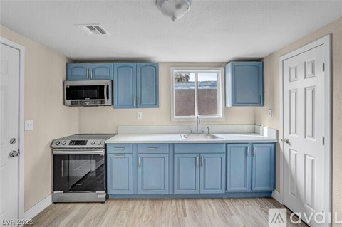 A kitchen with blue cabinets and a white door.