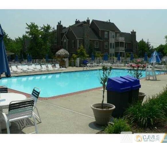 A pool area with a blue trash bin and a potted plant.