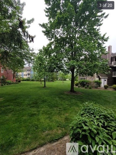 A grassy area with trees and a path in front of a building.