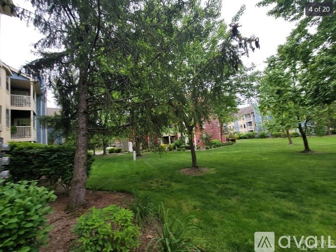 A grassy area with trees and bushes in the foreground and apartment buildings in the background.