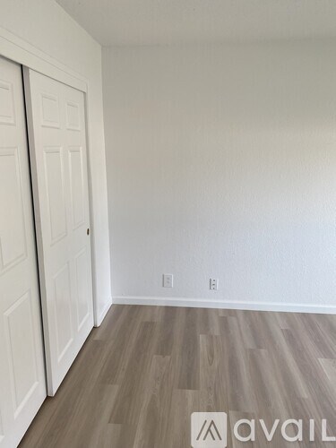 A room with a wooden floor and two white doors.