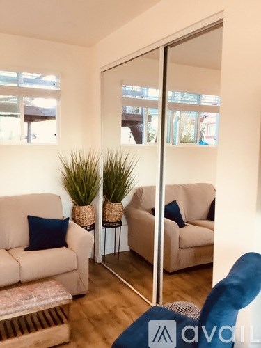 A living room with a couch, a plant, and a mirror.