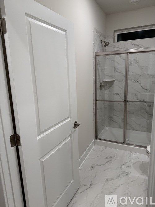 A white door with a black handle is on the left and a glass shower door is on the right.