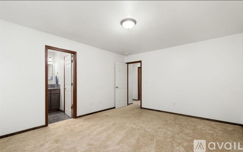 A room with a carpeted floor and two doors.