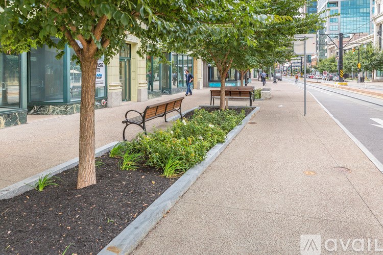 A tree with a brown trunk and green leaves is in the middle of a sidewalk.