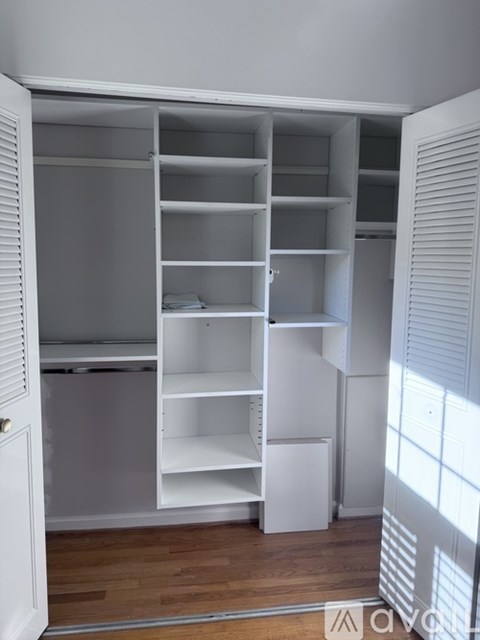 A white closet with shelves and a door open.