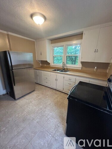 A kitchen with a black fridge, black dishwasher and white cabinets.