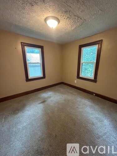 A room with two windows and a carpeted floor.