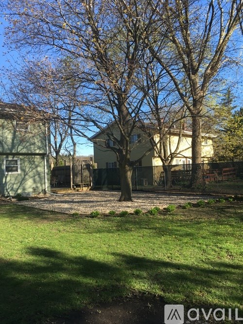 A tree in a yard with a house in the background.