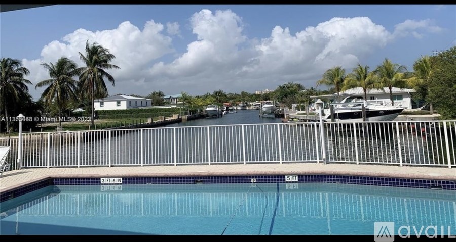 A pool with a metal fence and palm trees in the background.