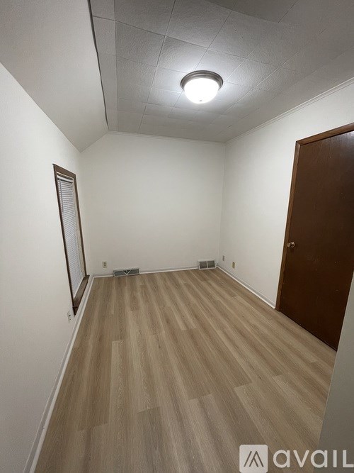 A room with wooden flooring and a brown door.