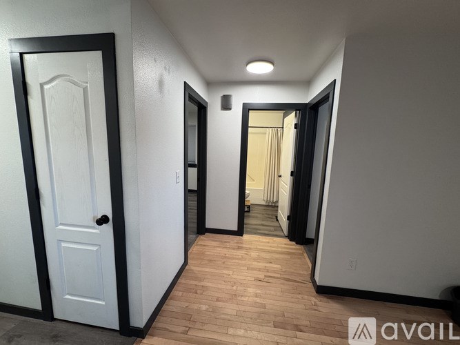 A hallway with a white door on the left and a black door on the right.