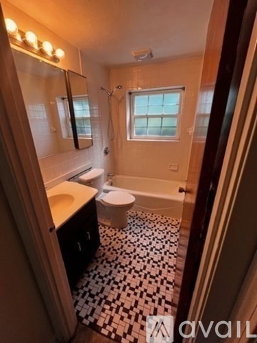 A bathroom with a black and white floor.