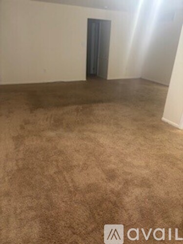 A room with a carpeted floor and a closed door.