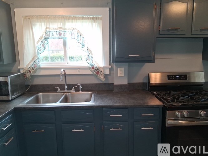 A kitchen with a sink, stove, and cabinets.
