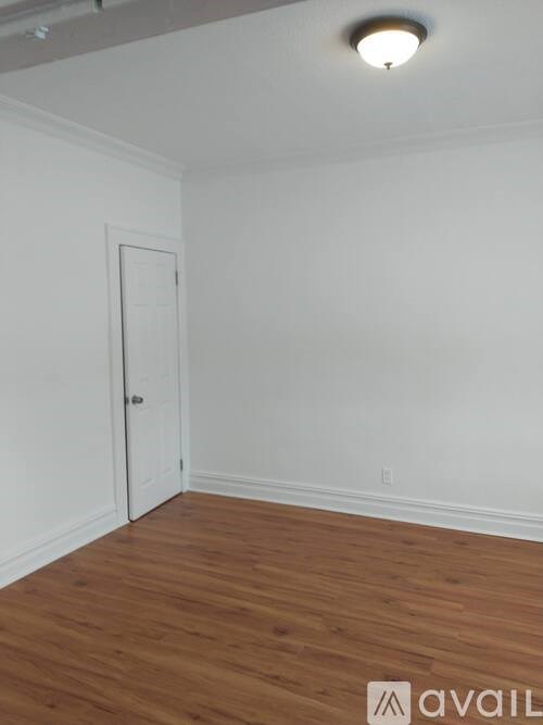 A room with a wooden floor and a white door.