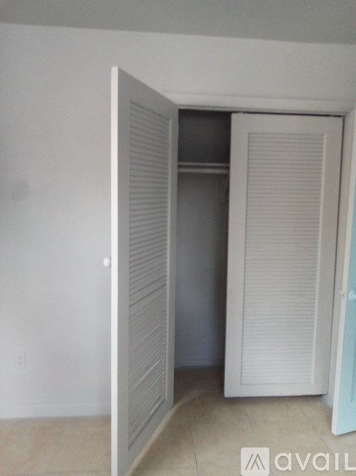 A white door is open to a small closet.