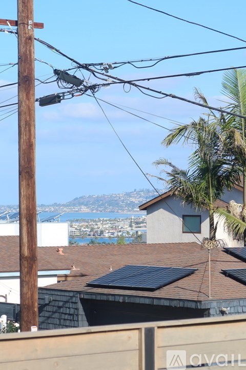 A view of a residential area with a house, a palm tree, and a utility pole with wires.