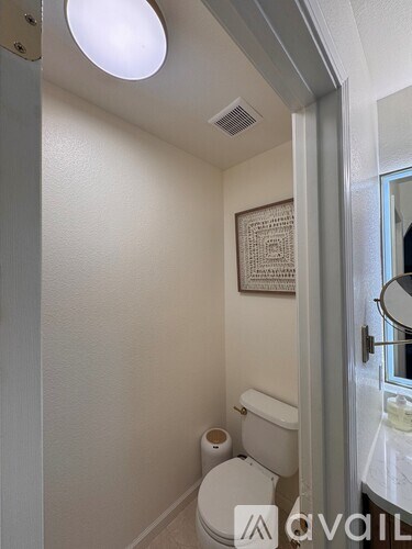 A bathroom with a toilet and a round light on the ceiling.