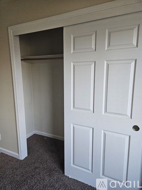 A white door with a handle is open to a carpeted hallway.